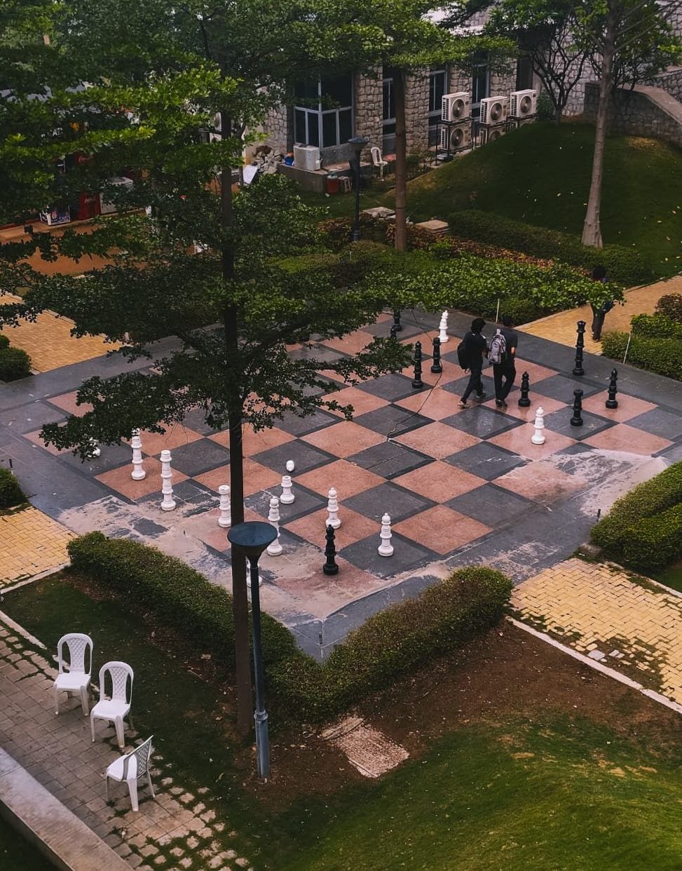 The giant outdoor chess court between hostels